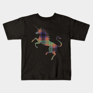 Scottish Purple, Orange and Green Tartan Rearing Unicorn Silhouette Kids T-Shirt